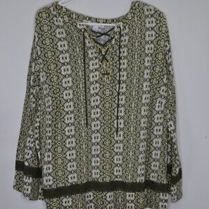 Dressbarn Westport 1962 Women's 1X Green Geometric Tie Front Long Sleeve Tunic